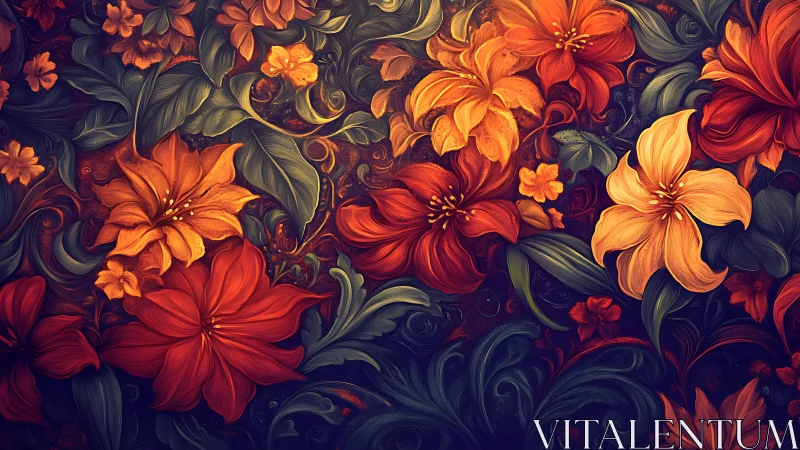 Digital Baroque Floral Composition with Layered Dimensional Petals and Ornamental Foliage