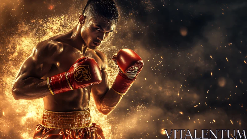 Professional boxer in fighting stance with dramatic golden particle effects.