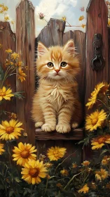 Ginger Kitten Portrait with Impasto Technique in Rustic Garden Setting