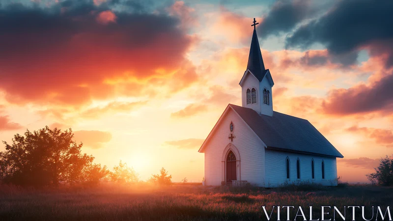 Sunrise light softly bathes a country church in quiet peace