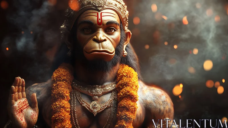 Hyperreal Hanuman deity render shows detailed fur, metalwork, and embers