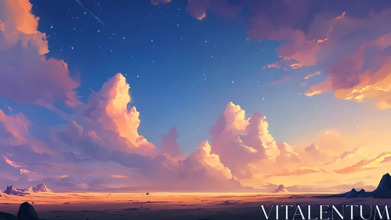 Gentle sunset clouds drifting above a quiet open desert.