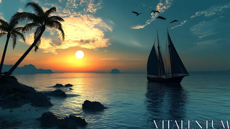 Sailing vessel silhouette crosses reflective tropical sunset sea