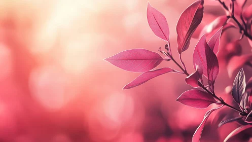 Pink leaves glow against dreamy bokeh sunset background.
