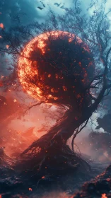 Twisted barren tree encasing glowing red celestial sphere.