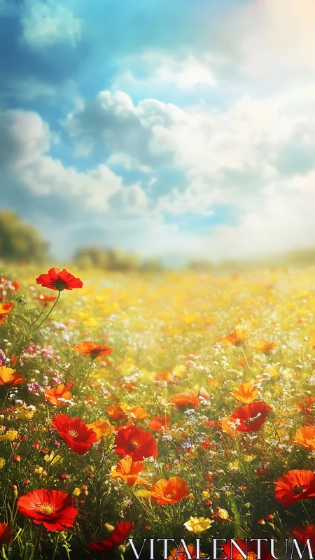 Scarlet poppies rise like tiny suns in a dreamlit meadow