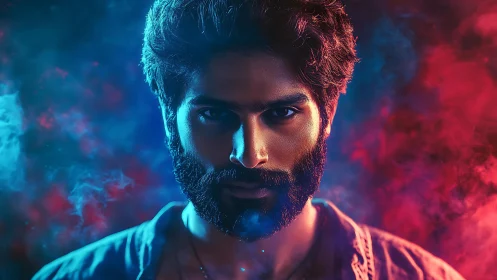 Cinematic portrait with neon bicolor rim lighting and smoke bloom.