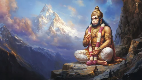 Hanuman figure seated on cliff ledge before snow mountains