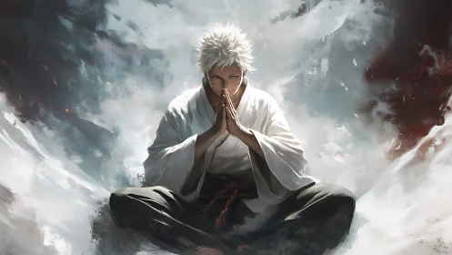 White-haired warrior in stormlit meditation focus.