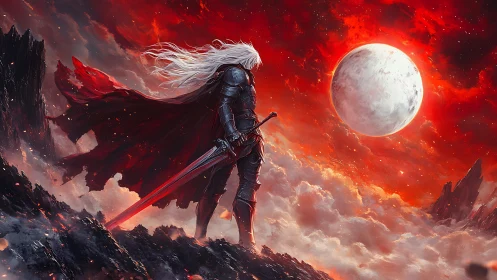 Armored lunar swordsman over volcanic cloud horizon study.