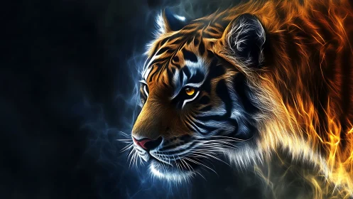Firekissed tiger prowls through neon smoke and shadow