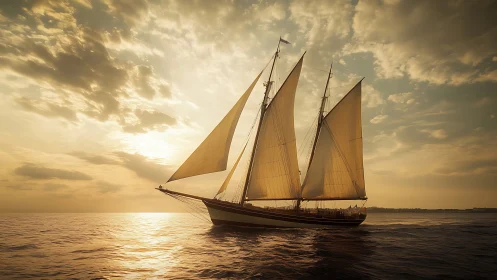 Golden-hour sailboat gliding gently across a calm sea.