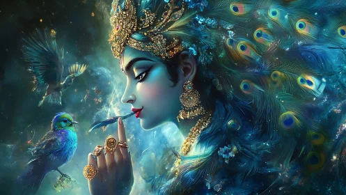 Peacock-feathered dream goddess whispering with starlit birds.