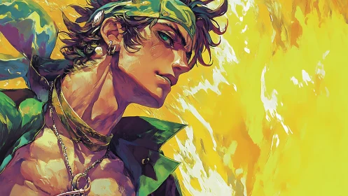 Bold anime hero portrait against vivid yellow blaze.