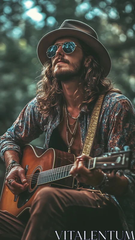 Bohemian guitarist in outdoor bokeh light with acoustic dreadnought