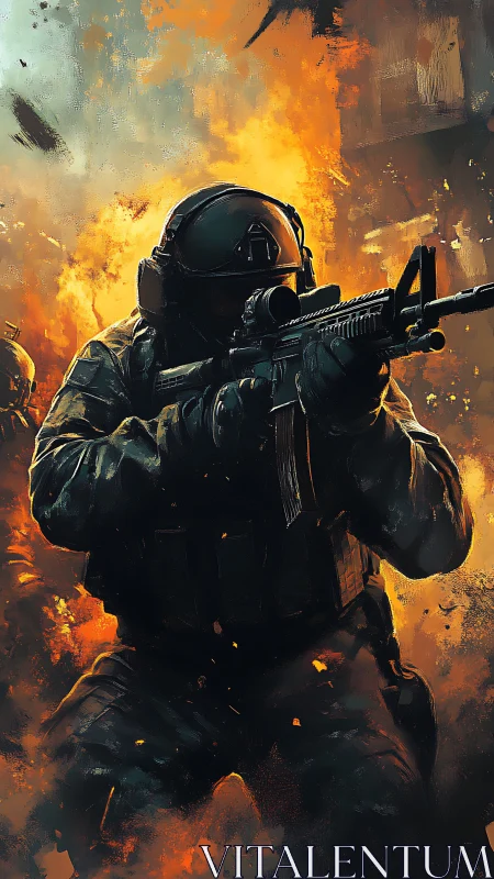 Tactical soldier advances through blazing battlefield fire.