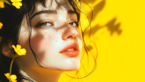 Sunlit portrait captures freckled face against vivid yellow