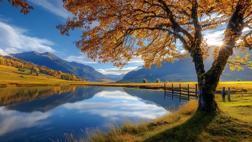 Autumn mountain lake landscape with reflective water surface.