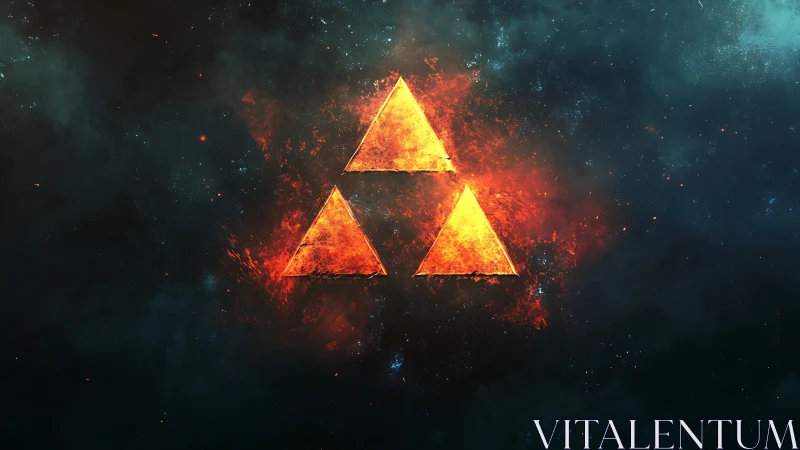 Molten triangular sigil ignites within cosmic smoke field.