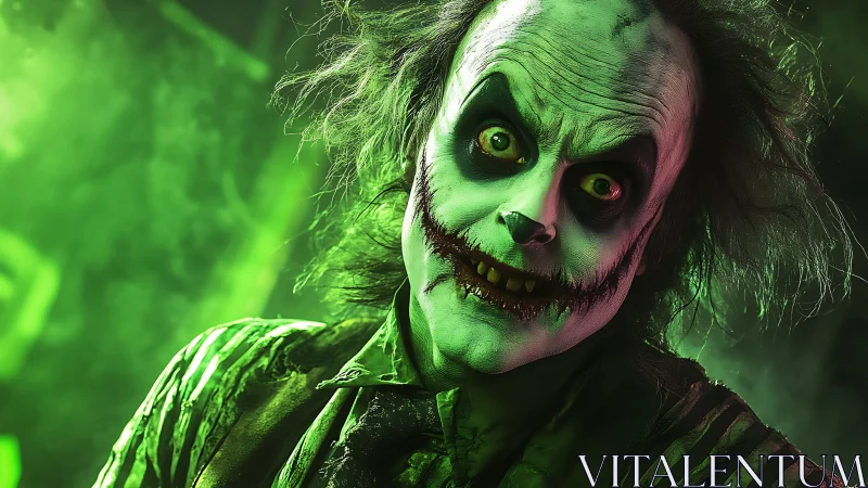 Grinning green clown figure stares into camera under haze