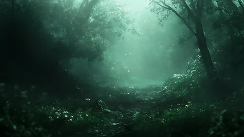 Ethereal Forest Path Illuminated by Atmospheric Light Rays