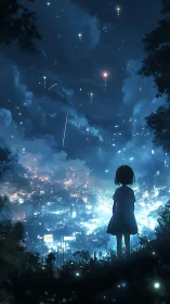 Silhouetted girl studies luminous cybercity under meteor-streaked sky