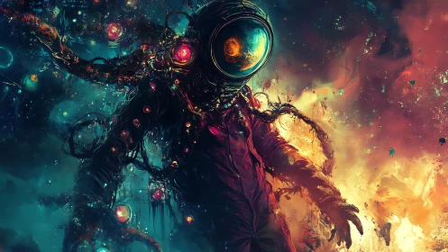 Astronaut figure amid abstract cosmic energy field.