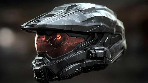 Sleek sci fi combat helmet with glowing crimson visor.