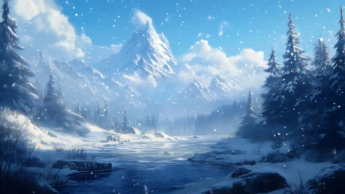 Snow-kissed mountain river under a bright winter sky.