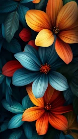 Stylized Floral Composition with Blue and Orange Petals