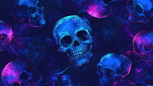 Neon blue and magenta human skull pattern on dark cosmic field