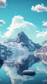 Snowcapped mountain reflects in still turquoise alpine lake