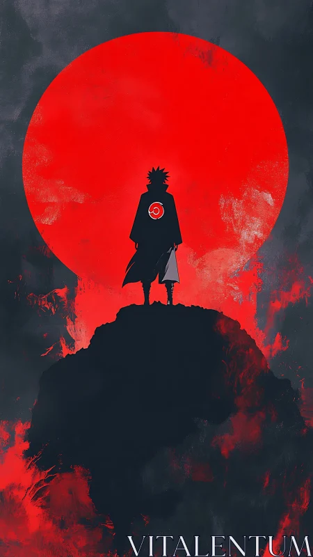 Solitary warrior silhouette before blazing red moon.