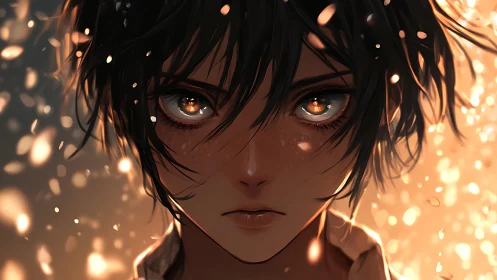 Anime portrait with ember-lit gaze and dramatic rim lighting.