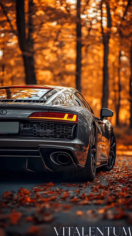 Sports car glows against vivid autumn forest backdrop.