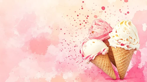 Strawberry vanilla ice cream cones over watercolor splash
