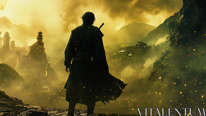 Lone samurai overlooks burning valley fortress at dusk.