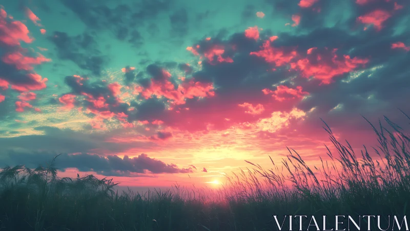 Sunset sky illuminates tall grass field with vivid colors