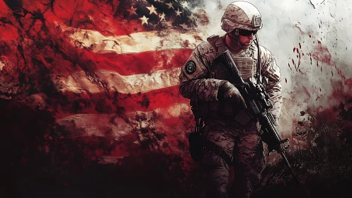 Armed soldier silhouette before distressed US flag backdrop.