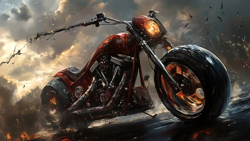 Fireborn chopper growls through storm clouds and molten streets