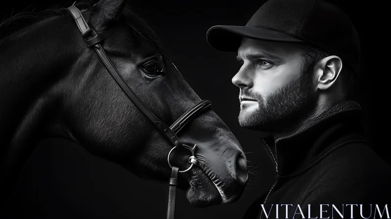 Silent pact in monochrome: rider and horse face the dark.