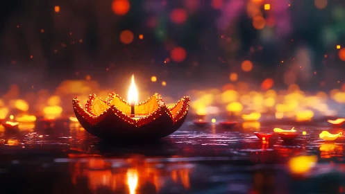 Floating diya glow over water with vibrant bokeh lights.