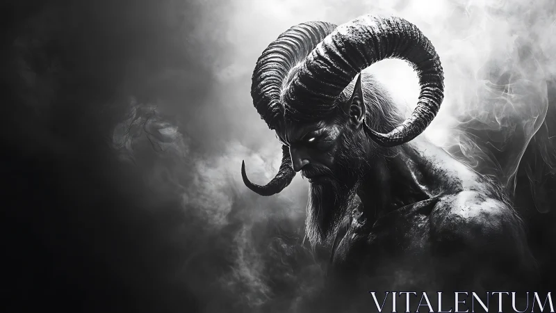 Horned demon profile in monochrome smoke-filled void.