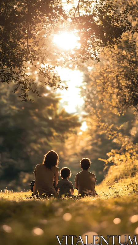 Family sits beneath golden trees in peaceful sunset glow