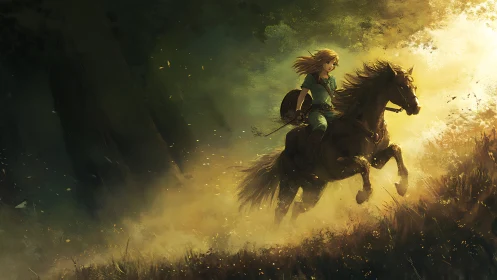 Brave rider and loyal horse race toward golden forest light.