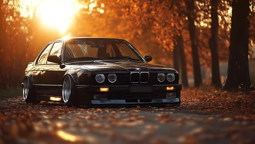 Photorealistic classic sedan in cinematic autumn backlight.