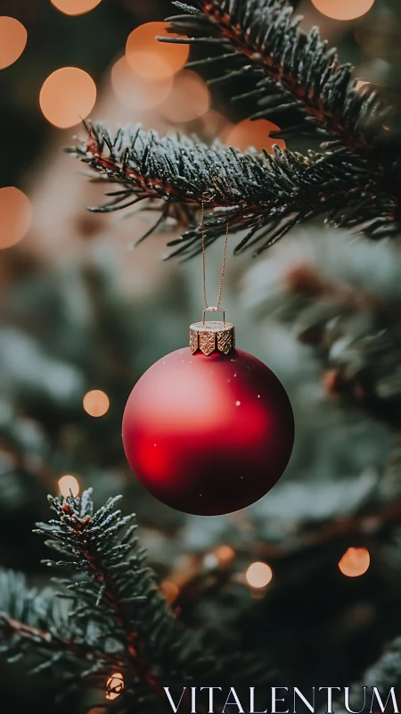 Red ornament hangs from snow-dusted evergreen branch