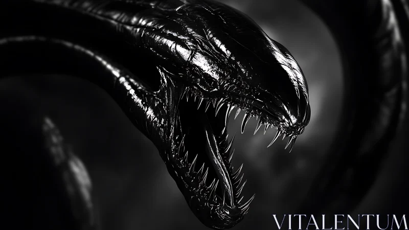 Specular black serpentine alien head with exposed fanged maw