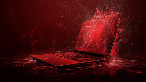 Red-lit gaming laptop erupts with dynamic liquid energy waves