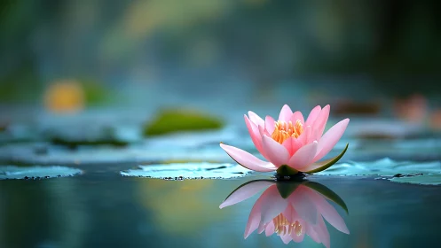 Pink water lily with reflection on calm pond surface.